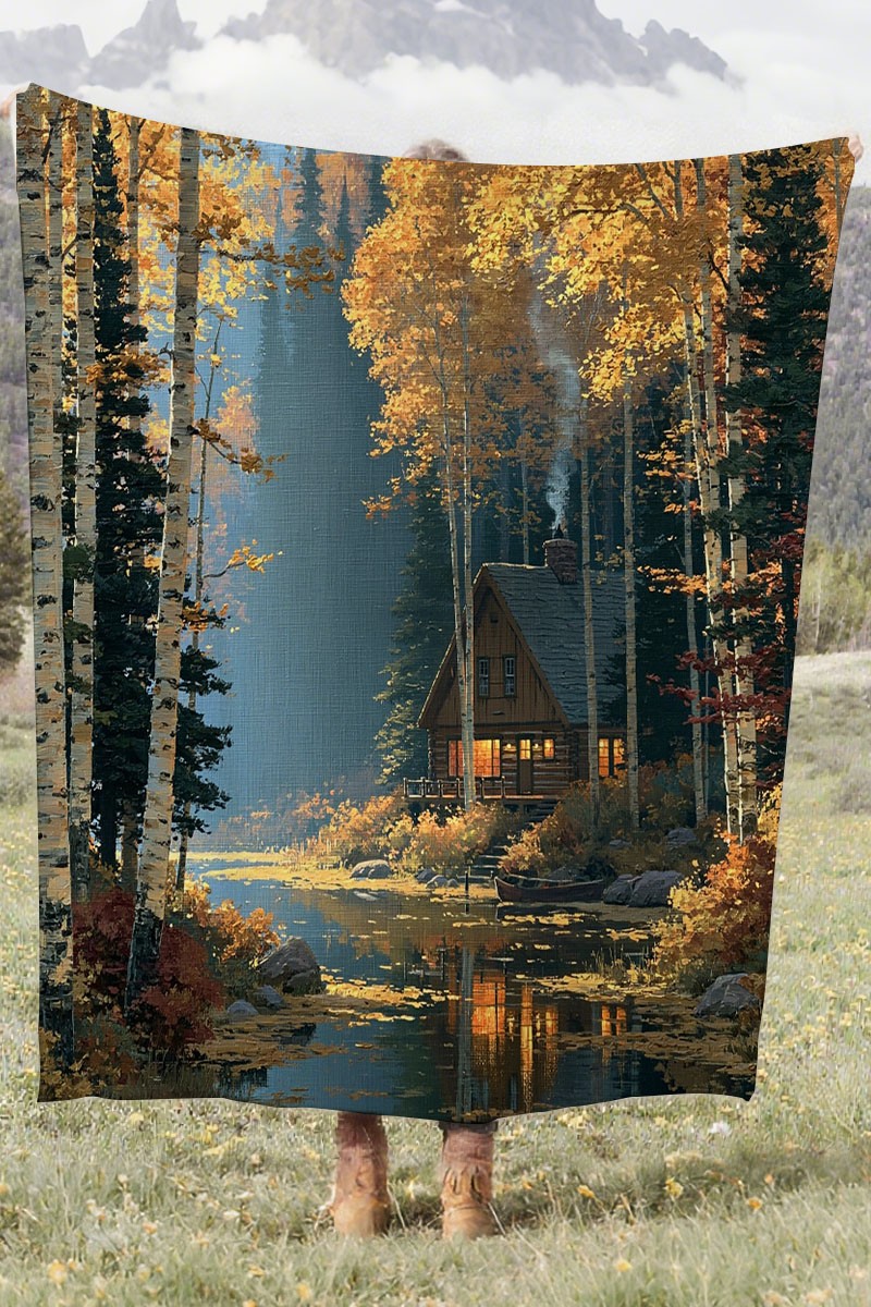 Autumn Cabin Lake Coral Fleece Cozy Throw Blanket Rustic Elegant