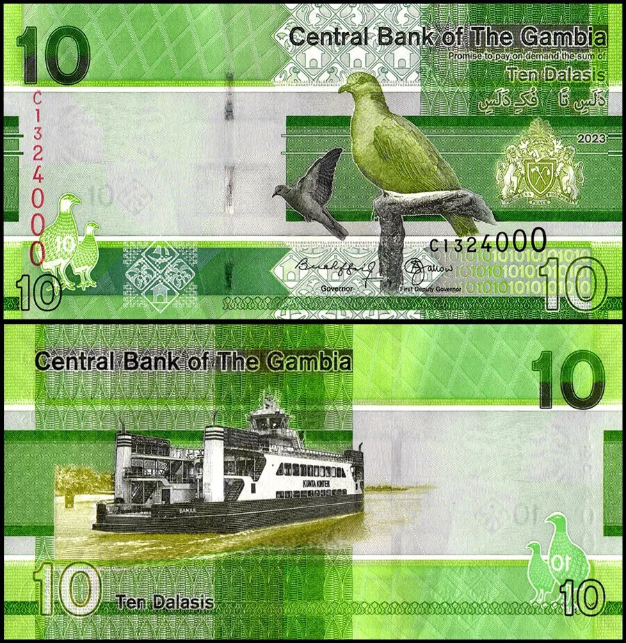 GAMBIA 10 DALASIS 2023 UNC C,FERRY KINTA KINTEH,PIGEON,COAT OF ARMS OF THE GAMBI