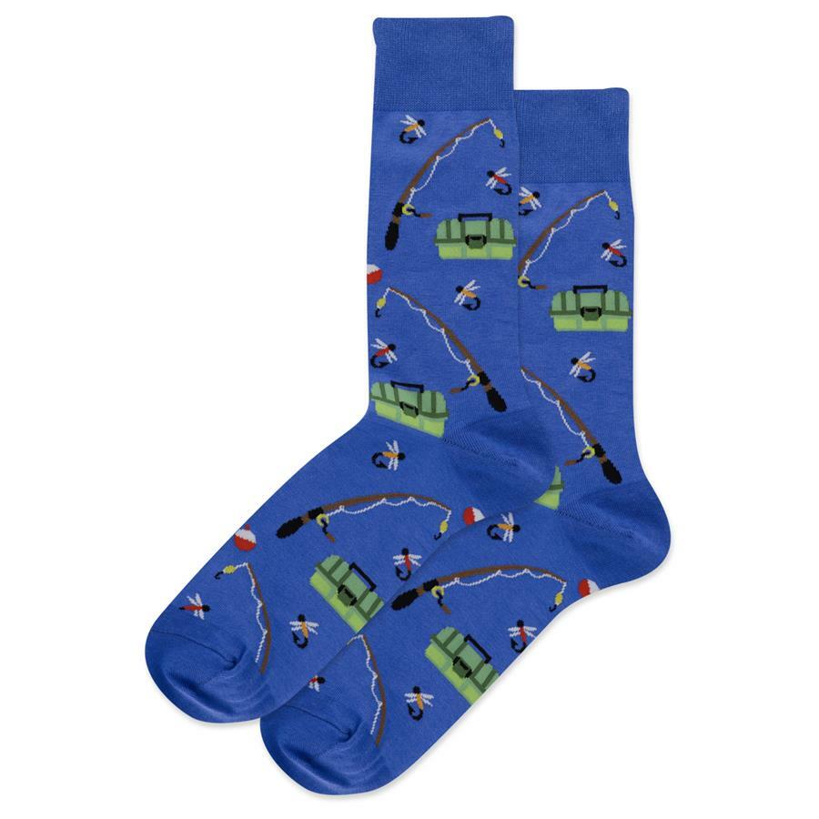 Fishing Poles Tackle Box Men's Crew Socks Size 10-13 Blue Hot Sox  Sport Fashion
