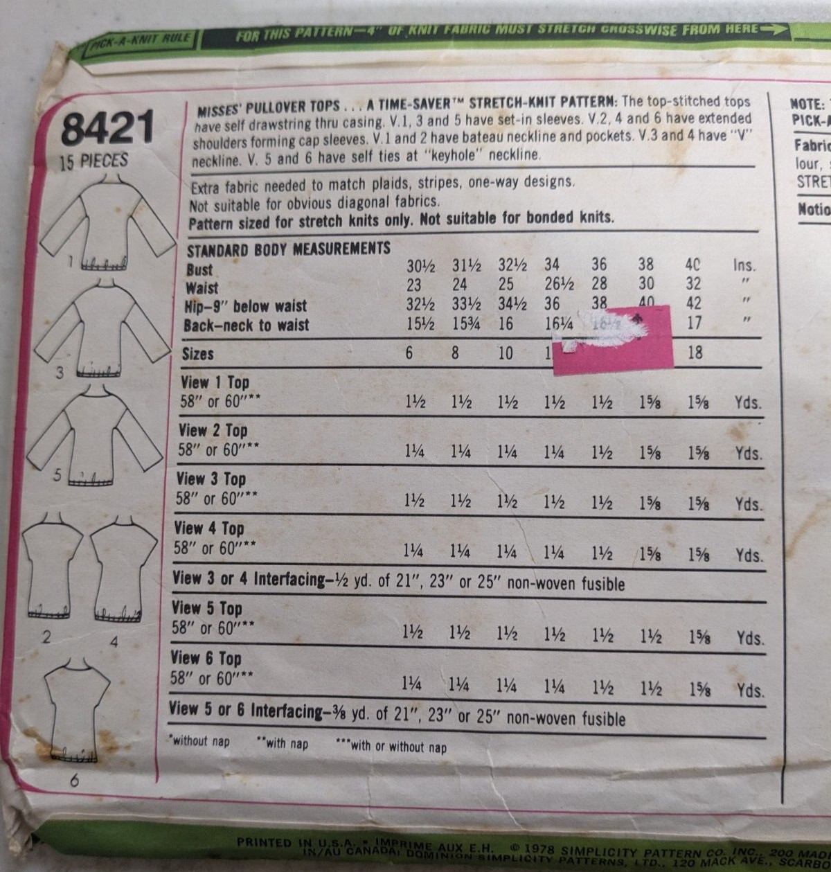 Vtg Simplicity Pattern 8421 Pull-Over Knit Tops Drawstring Waist Miss 6 CUT 1978