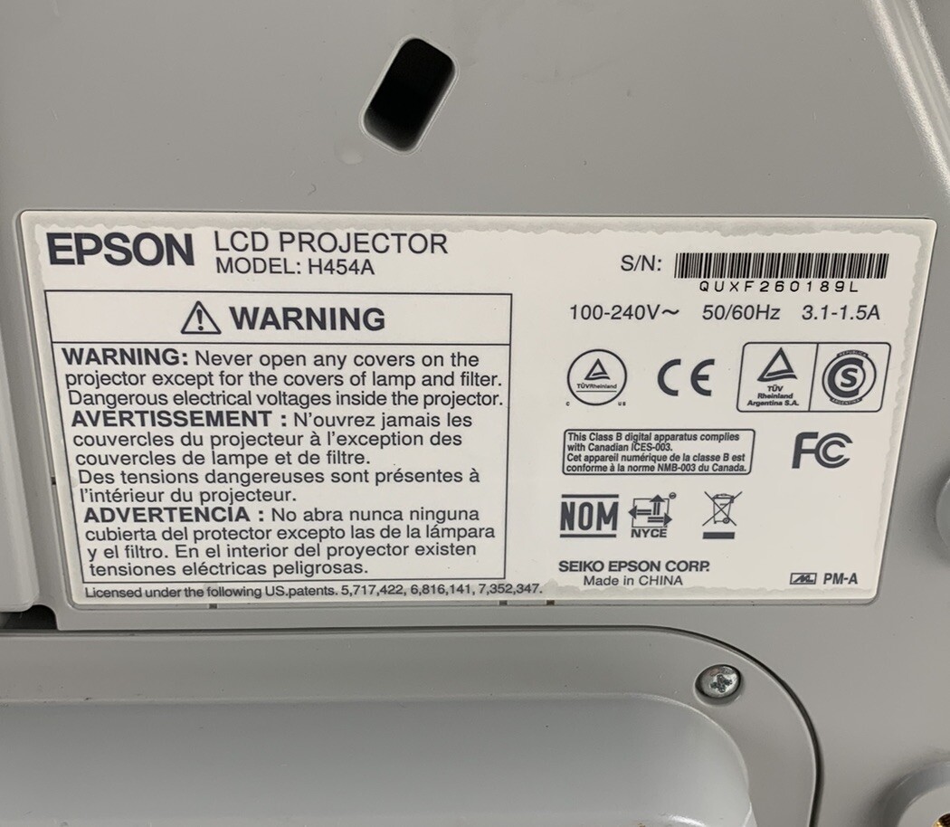 Epson H454A 485W Projector - Tested and Missing Port Cover