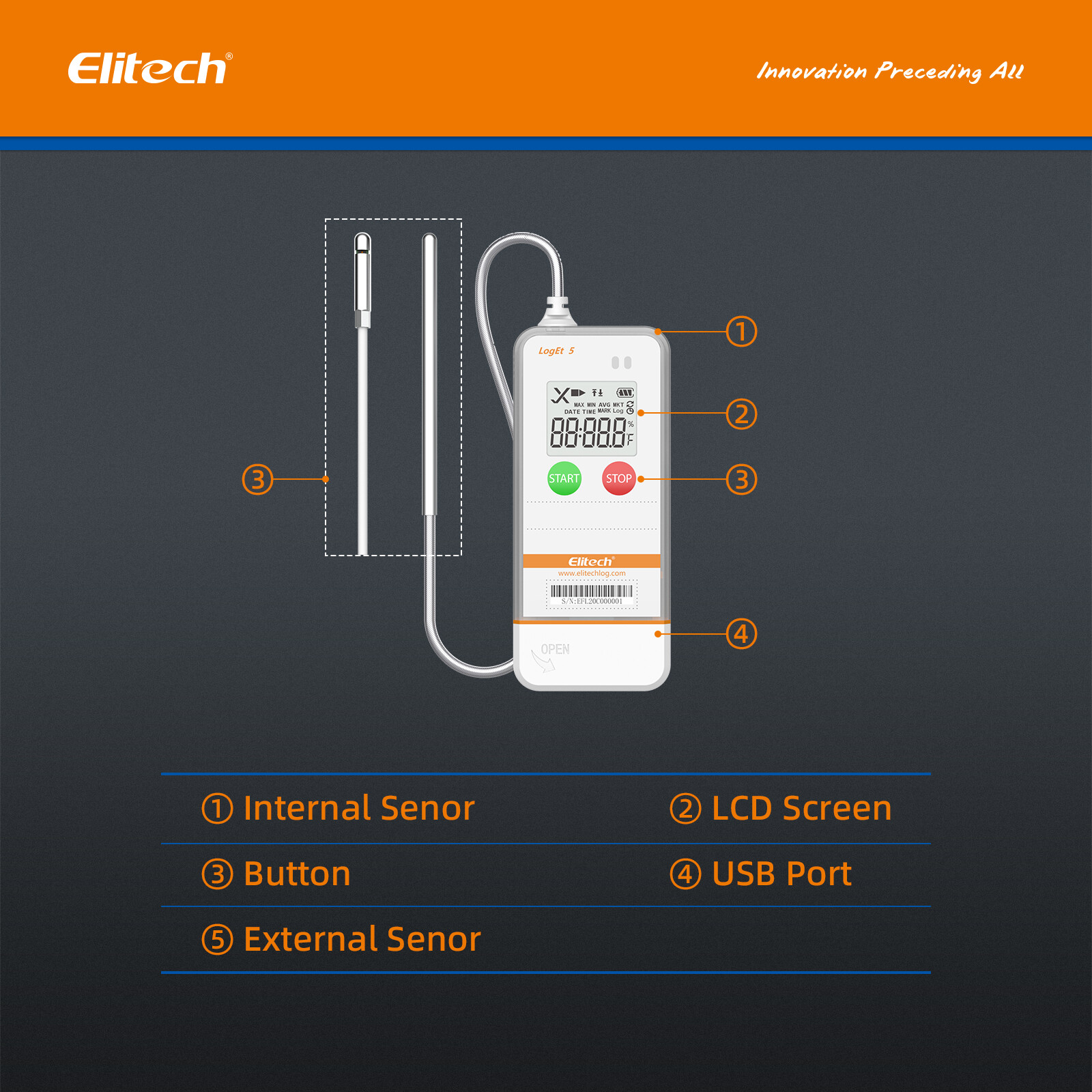 Elitech Reusable Temperature Data Logger External Probe LogEt5-TE -40°F~185°F