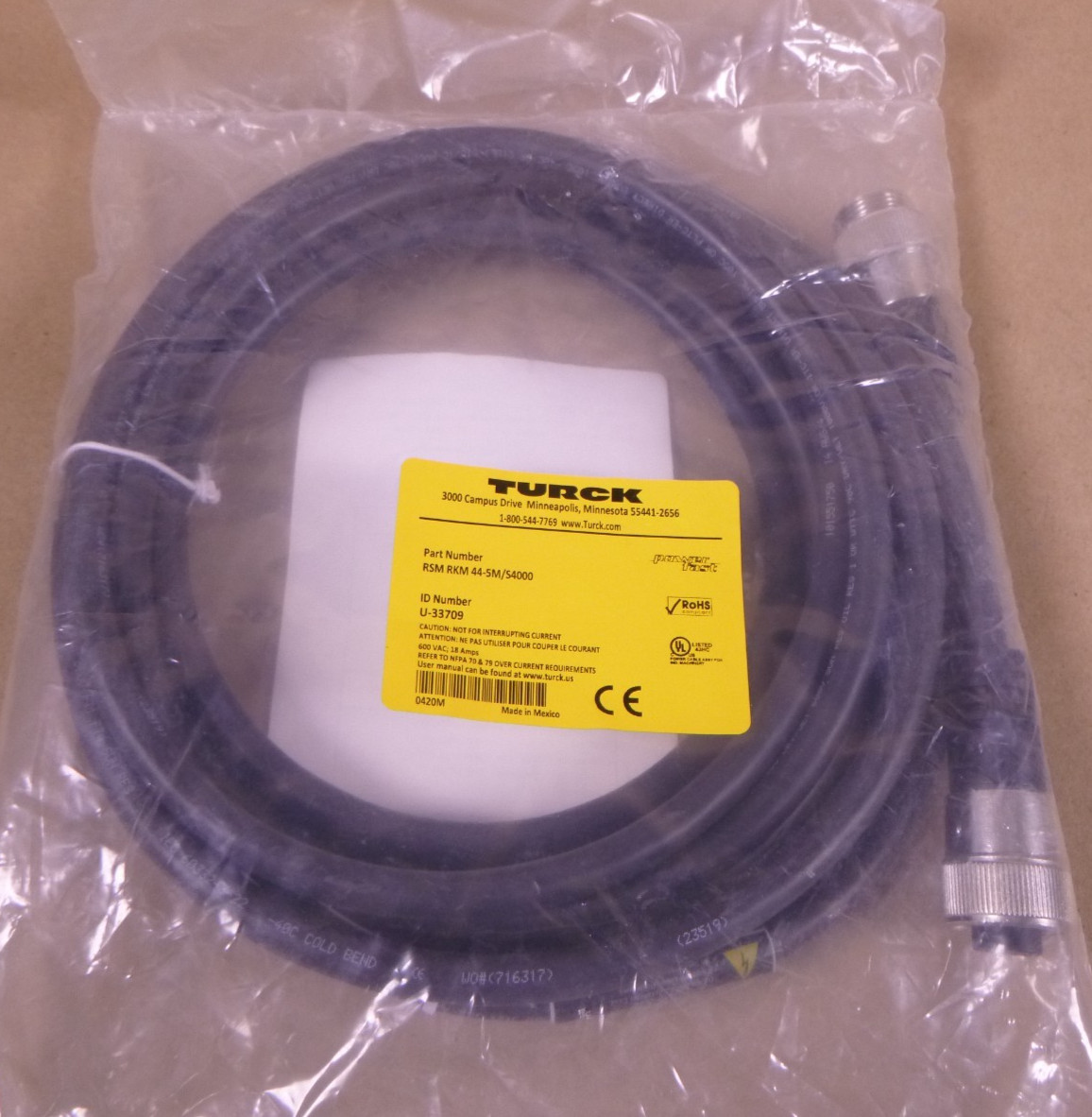 Turck RSM RKM 44-5M/S4000 Power Cordset 7/8" Male To Female 4-Pin 5M , U-33709