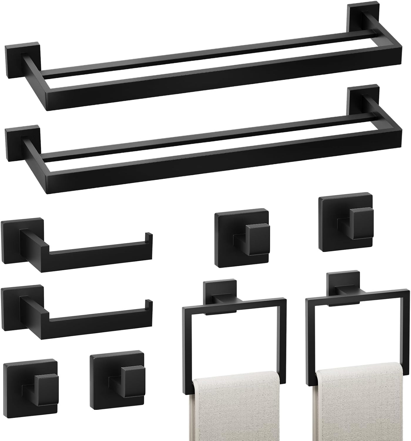 Matte Black 10-Piece Bathroom Hardware Set with Towel Bar, Hooks & More