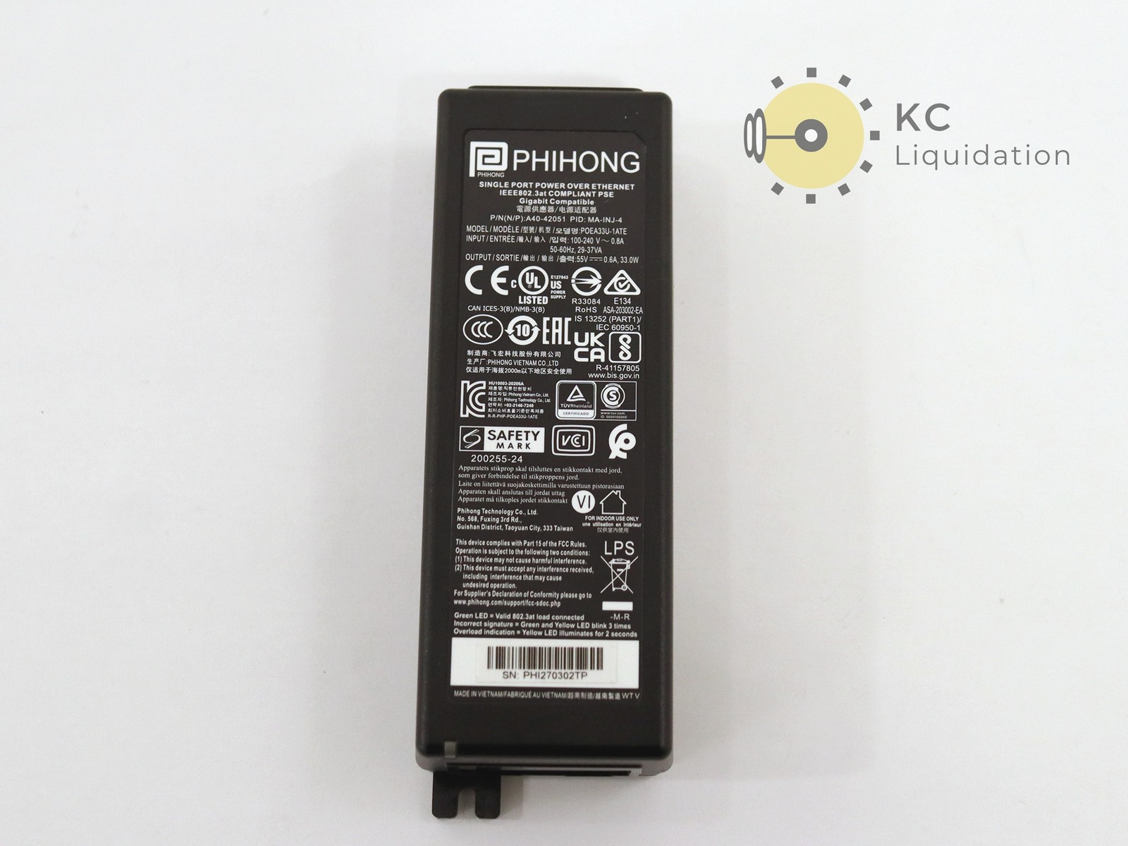 Cisco Phihong Single Port PoE Power Supply POEA33U-1ATE