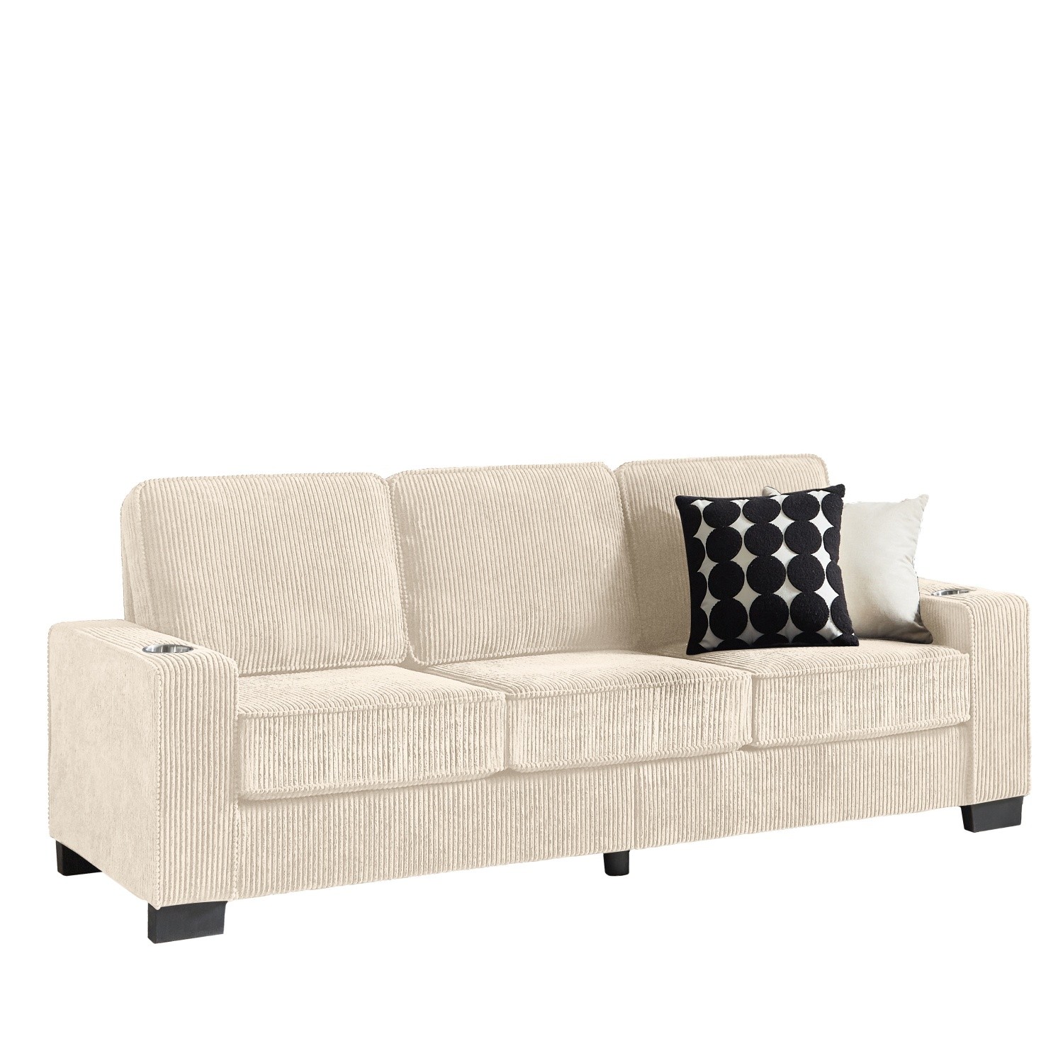3 Seater Sofa Corduroy Upholstered Sofa Couch w/ 2 Cup Holders for Living Room