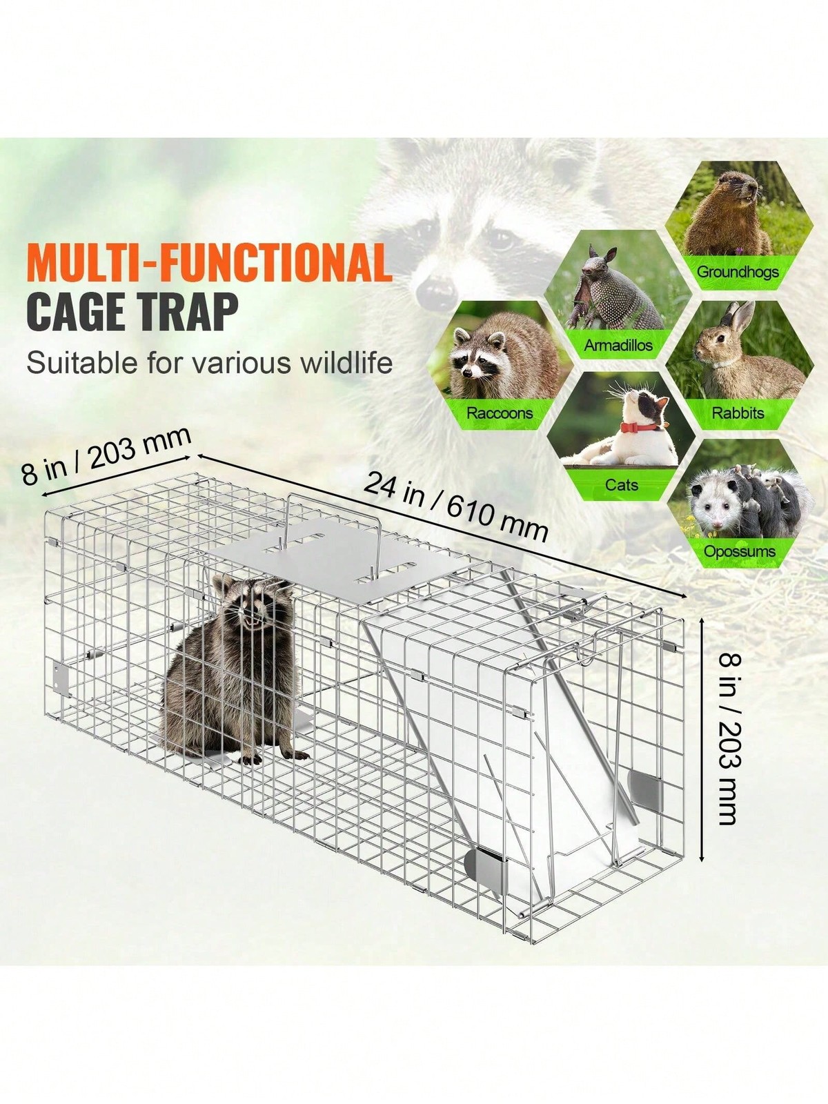 Live Animal Cage Trap, 24" X 8" X 8" Humane Cat Galvanized Iron, Folding Animal
