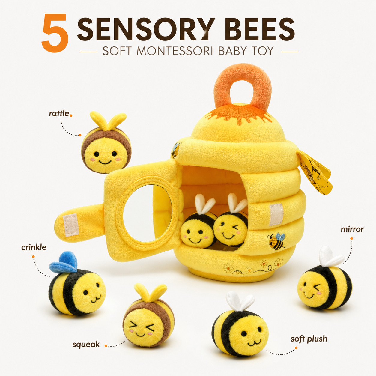 Baby Sensory Toy Montessori Beehive with 5 Bees Rattle Crinkle Mirror Activity