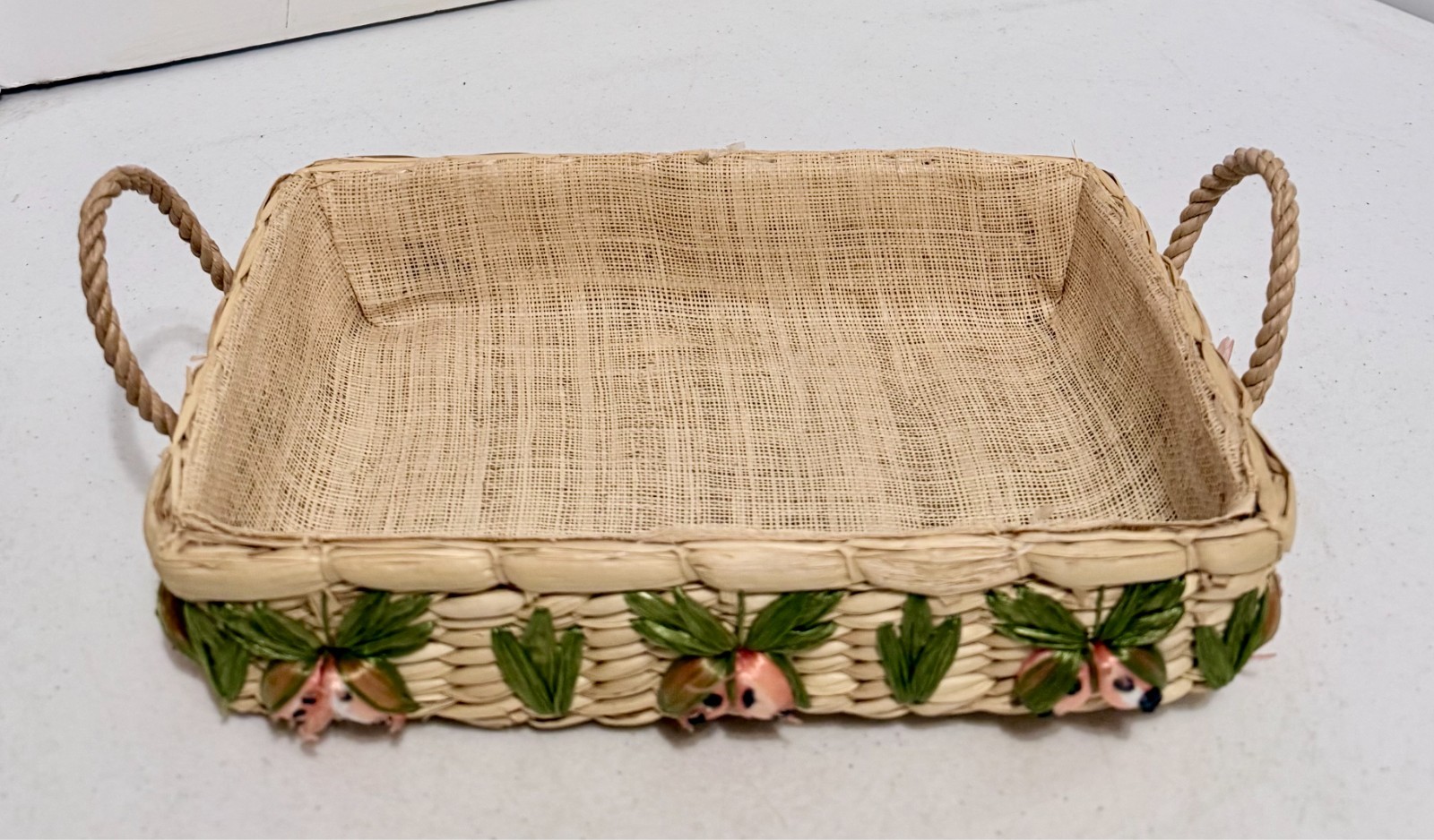 Casserole Woven Raffia Straw Rectangle Basket Fruits Embroidery 10.5"x6.5"x2.25"