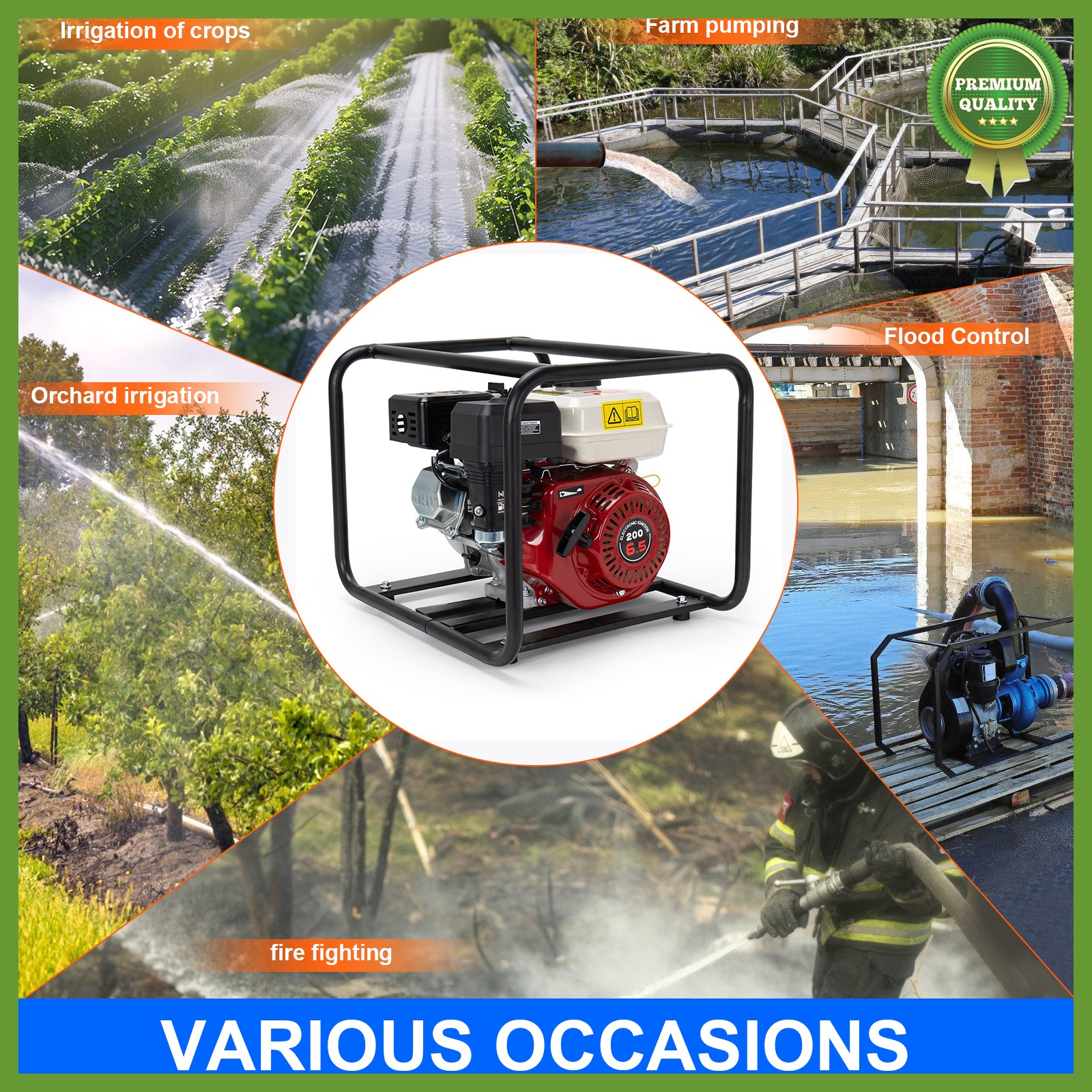 Gas-Powered Water Pump 2'' Semi-Trash Water Pump Transfer Pump 158GPM 26.2ft