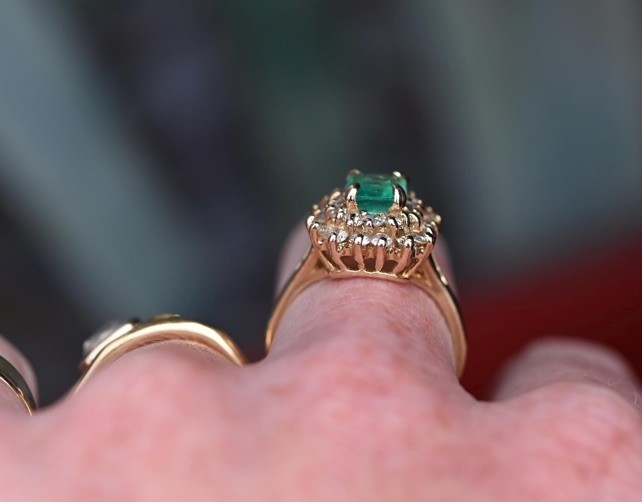 14K Solid Gold Emerald Diamond Halo Cluster Engagement Ring