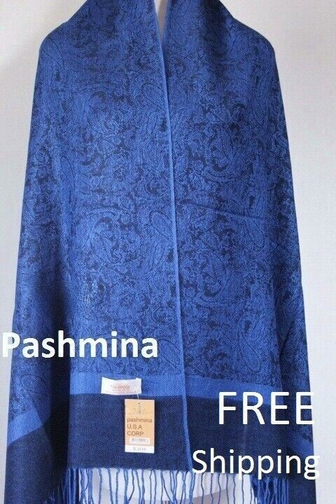 New Pashmina Co Woman Scarf Shawl Wrap Flower Black Royal blue Cashmere Silk