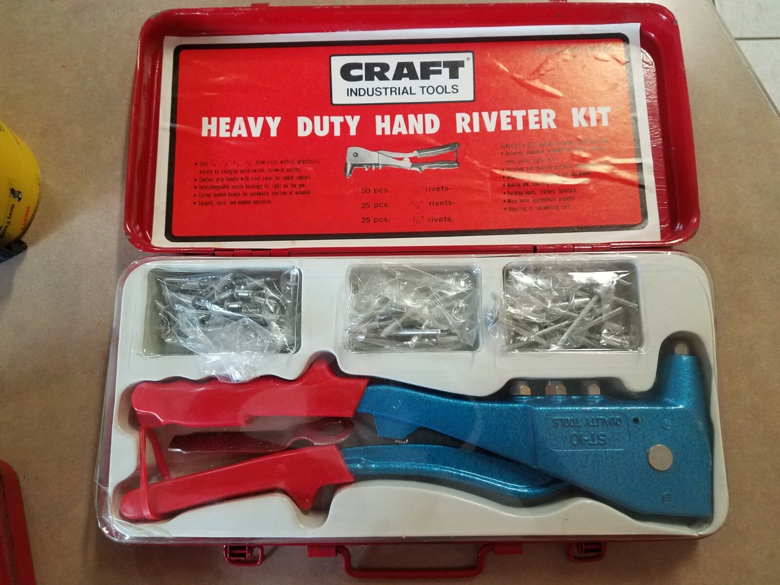 CRAFT INDUSTRIAL TOOLS HR-100 Heavy Duty Hand Riveter Kit 1/8 5/32 3/16 Rivets