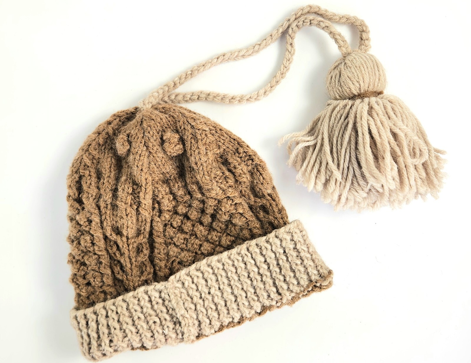 Vintage- Winter Hat - Handmade - Brown & Beige - Knitted