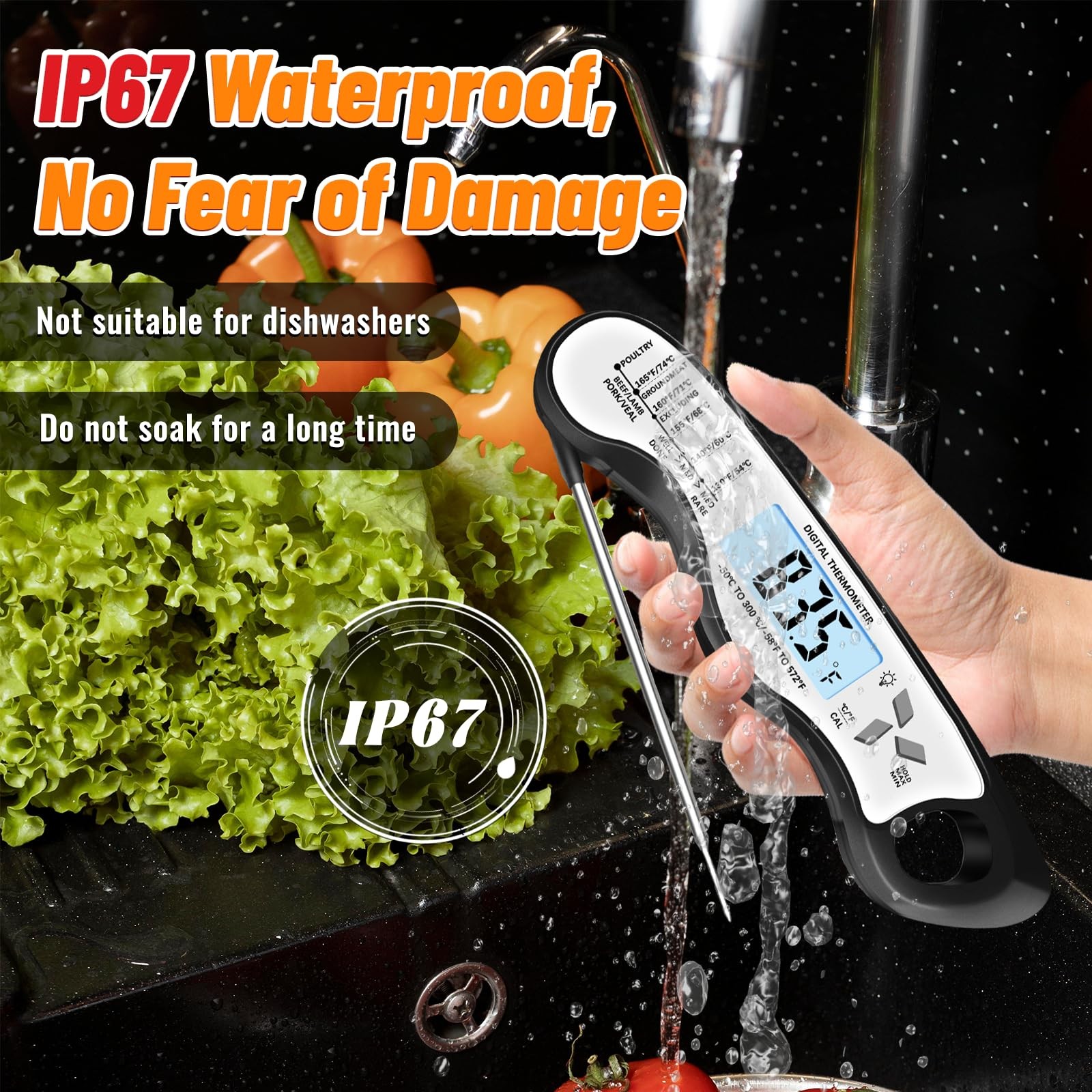 Meat Thermometer, IP67 Waterproof Digital Meat Thermometer with Backlight, Ho...