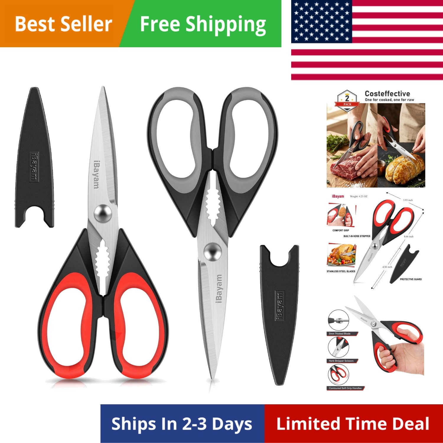 Kitchen Scissors All Purpose Heavy Duty 2 Pack with Protective Sheath, Stainl...