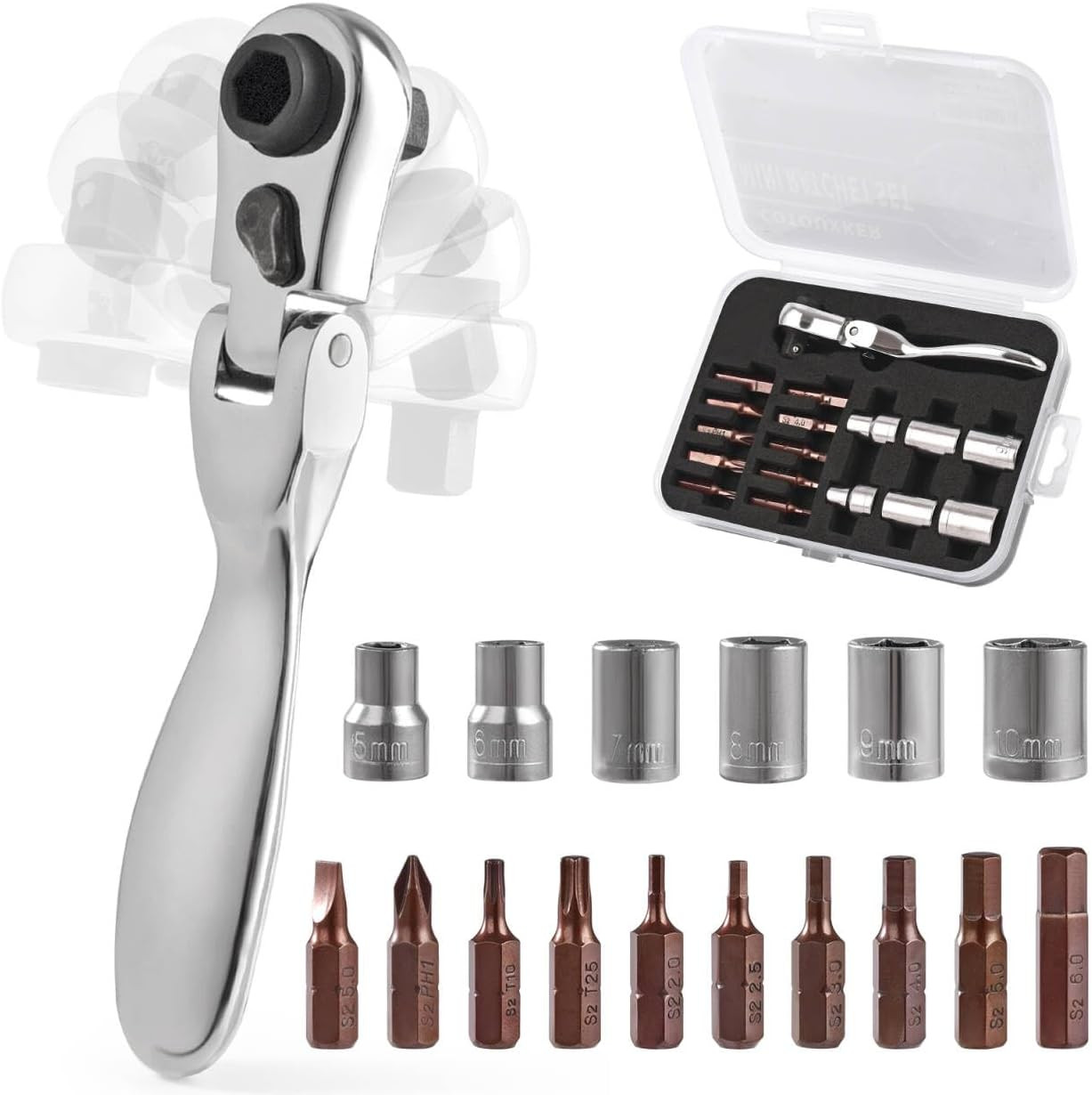 Mini Ratchet Set, Right Angle Screwdriver Set with 1/4 Mini Flex Ratchet Wrench