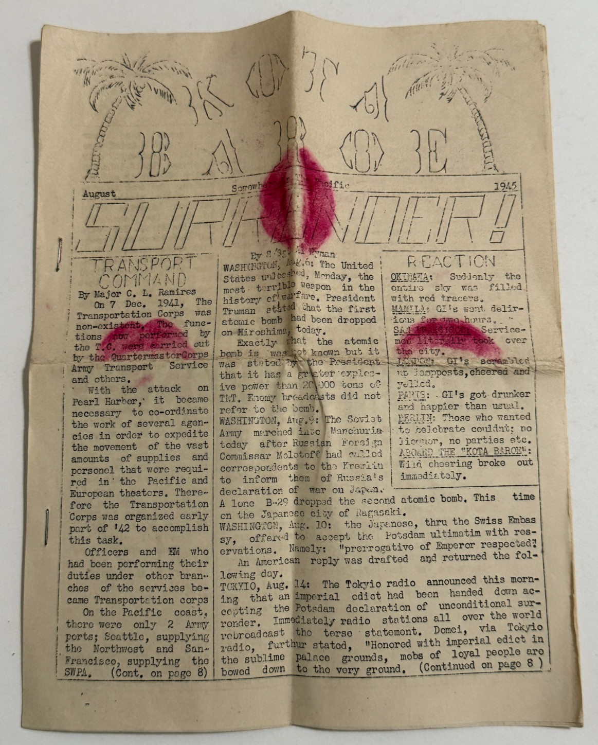 Rare WWII Shipboard Newsletter on the Kota Baroe South Pacific August 1945