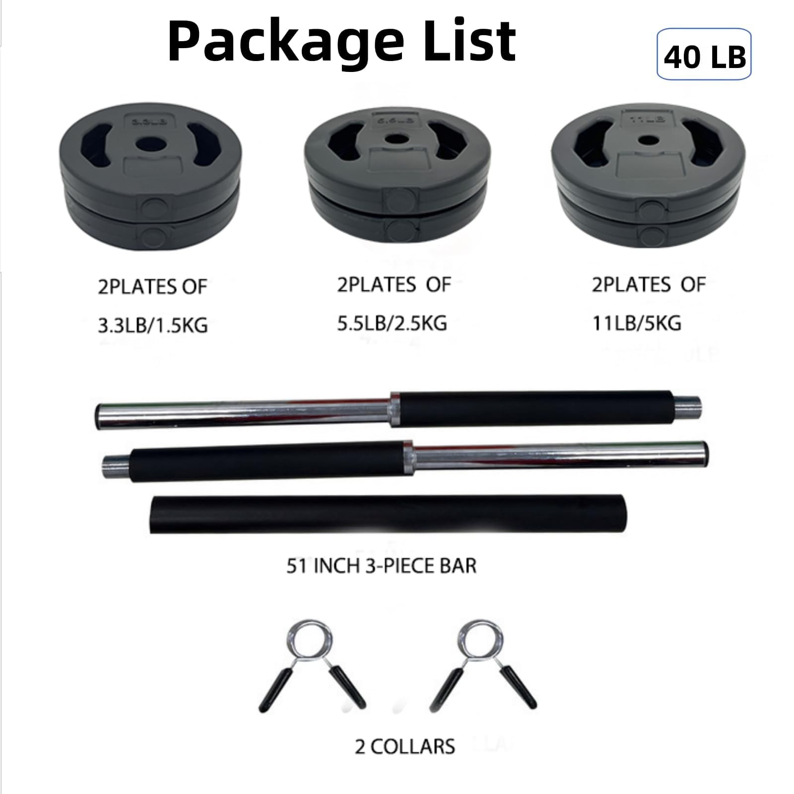 40 Lbs Barbell Weight Set, Adjustable Free Weights for Home and Gym Workout