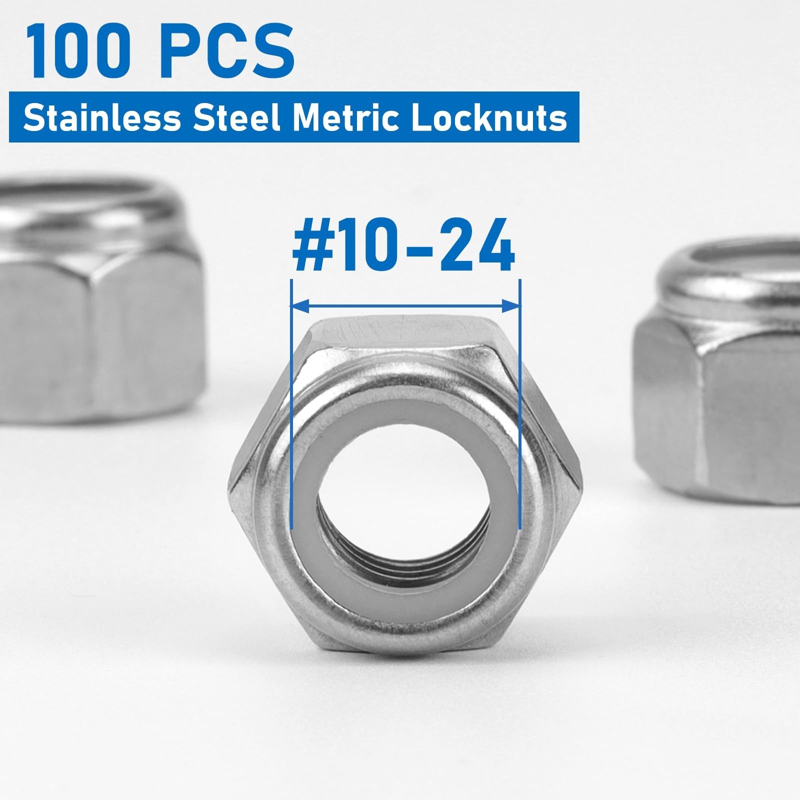 100 Pack #10-24 Lock Nuts, 304 (A2-70) Stainless Steel Nylon Insert Locknuts,...