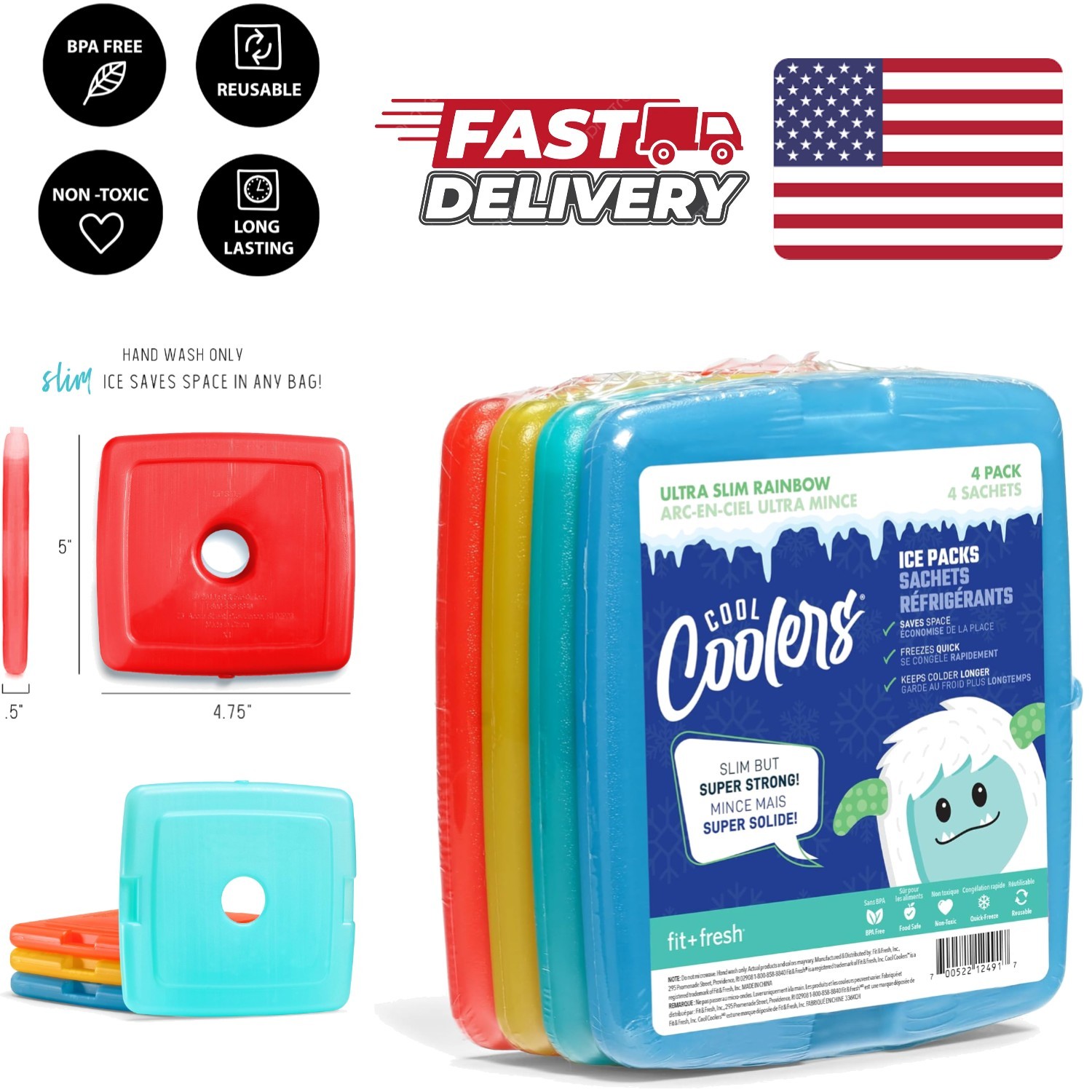 Compact Ice Packs 4 Pack Multi Color Space Saving for Picnics and Camping