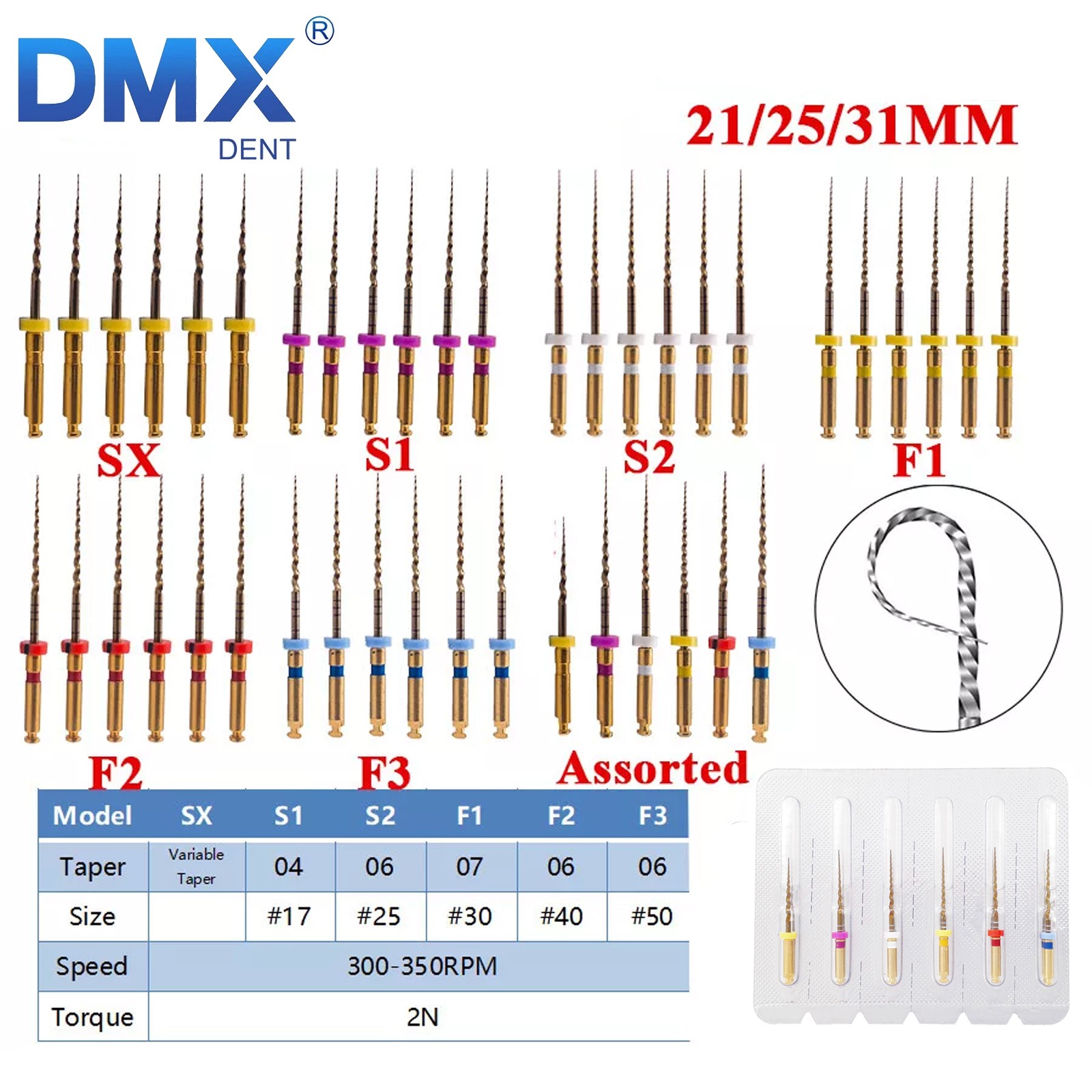 Dental Endo Rotary Files X-Pro Gold Taper NITI Root Canal Files 21/25/31MM 6Pcs