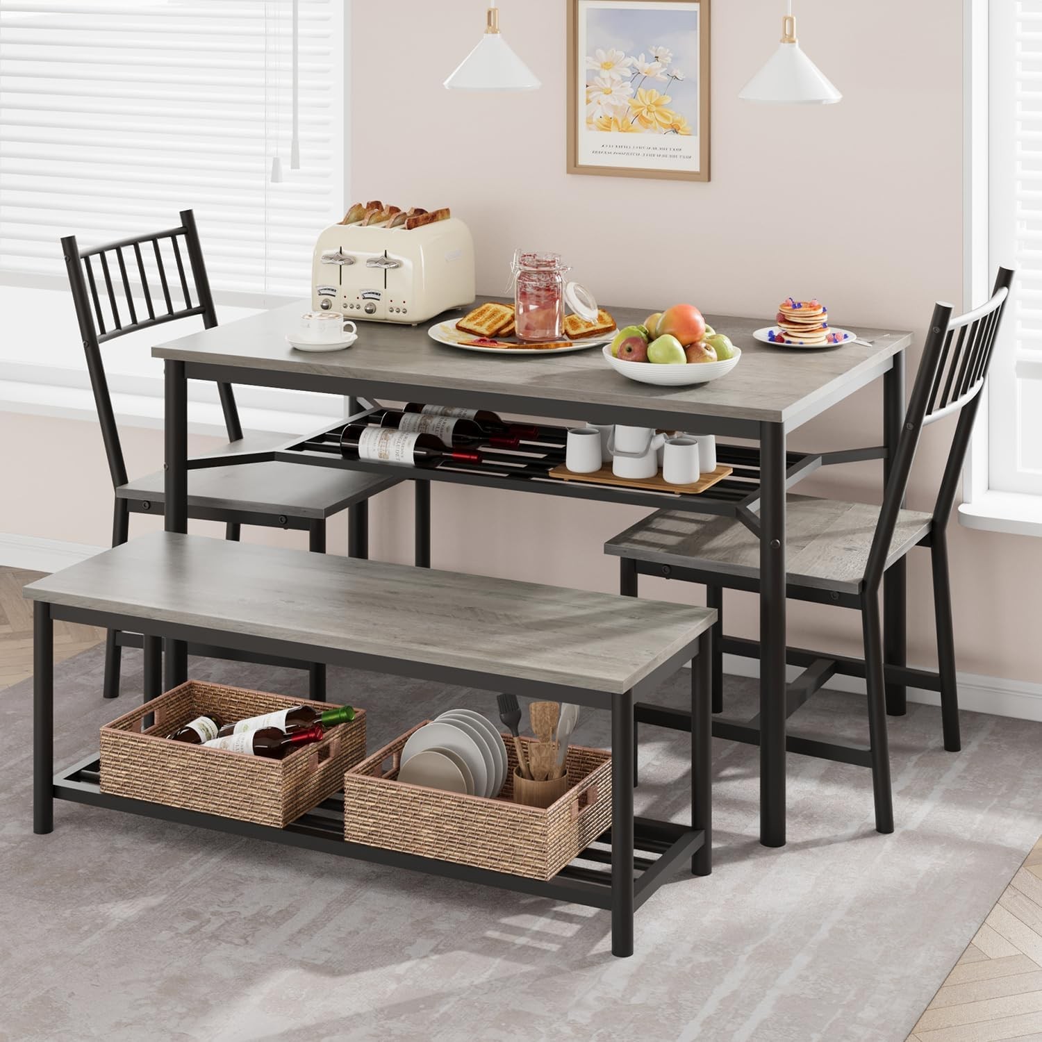Dining Table Set 4 Kitchen Table & Chairs 4 W/ Wine Rack Rectangular Dining Room