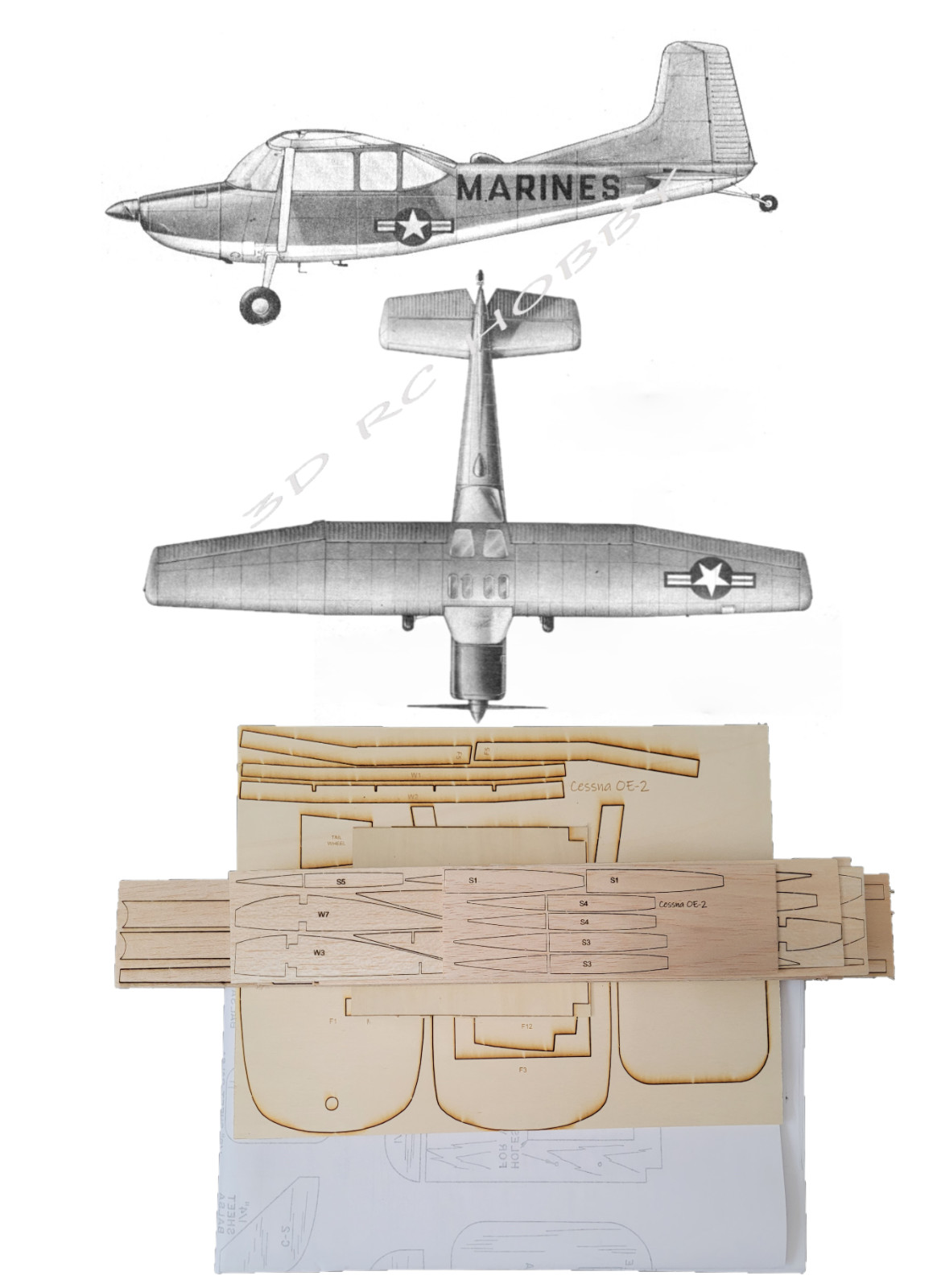 Cessna OE-2 Bird Dog 54" WS RC Airplane Laser Cut Balsa Ply Short Kit & Plans