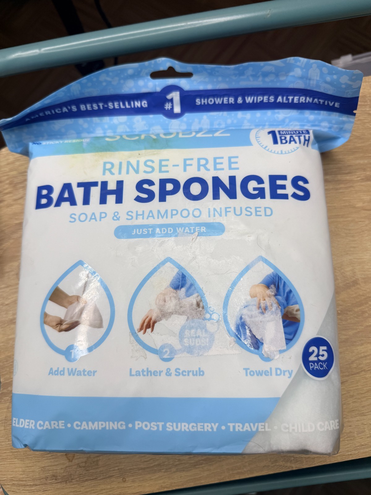 Scrubzz Disposable Rinse Free Bath Sponges Sensitive Skin Soap and Shampoo 25 Ct