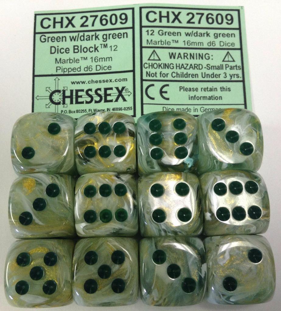 Chessex Dice d6 Set 16mm Marble Green Swirl/ Dark Green 6 Sided Die 12 CHX 27609
