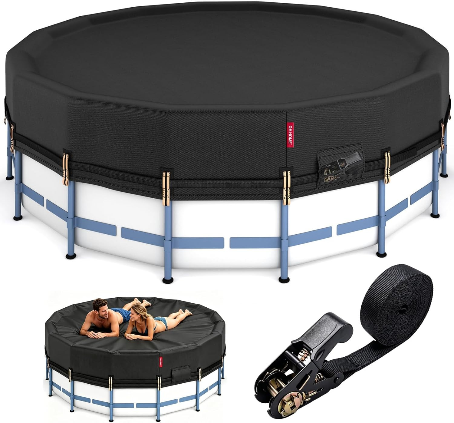 15Ft round Pool Cover,Super Windproof Ratchet Straps (1,500Lb Break Strength)-Ef