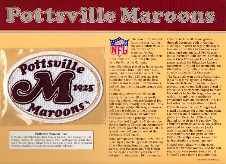 POTTSVILLE MAROONS  Willabee & Ward NFL GOLDEN AGE of FOOTBALL PATCH & INFO CARD
