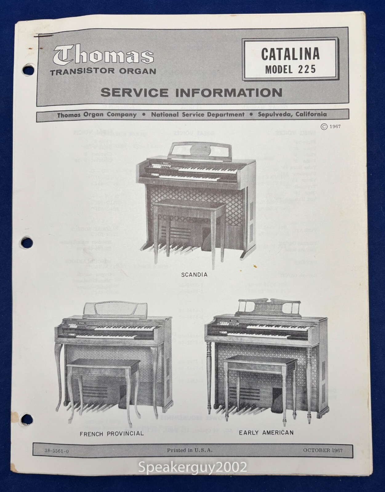 Original Thomas Organ / Catalina 225 / Service Information Manual