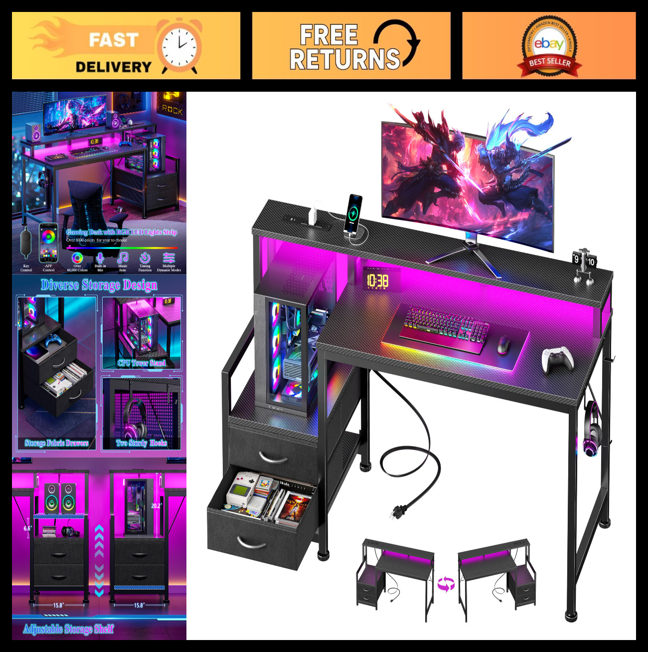 47" LED Gaming Desk with USB-C Port, Carbon Fiber, Reversible, 2 Drawers & Monit