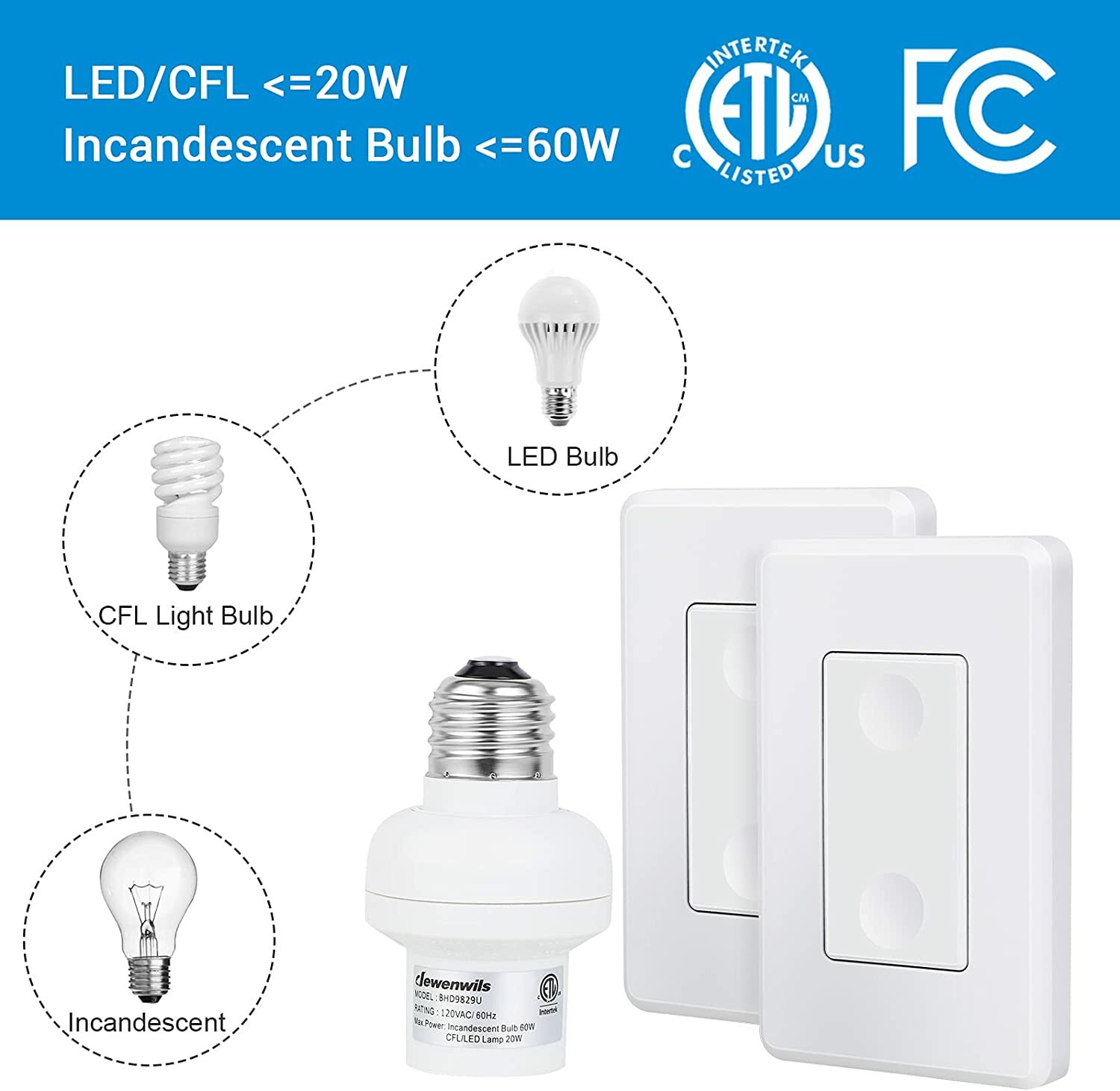 DEWENWILS Remote Control Light Socket 2 Wall Mounted Controllers and 1 Bulb Base