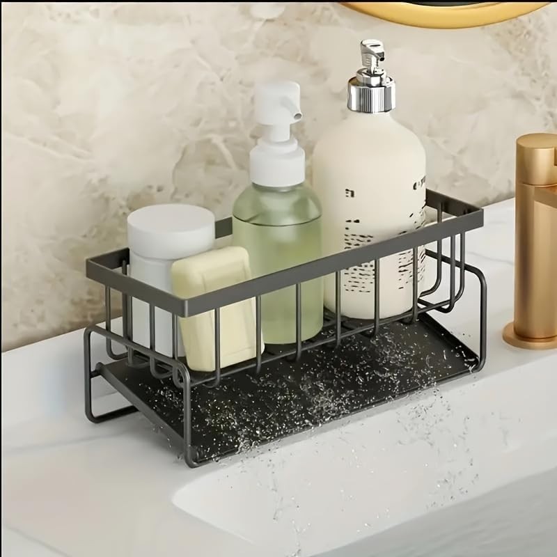 Kitchen Sink Caddy Organizer, Black Metal, Self-Draining Tray