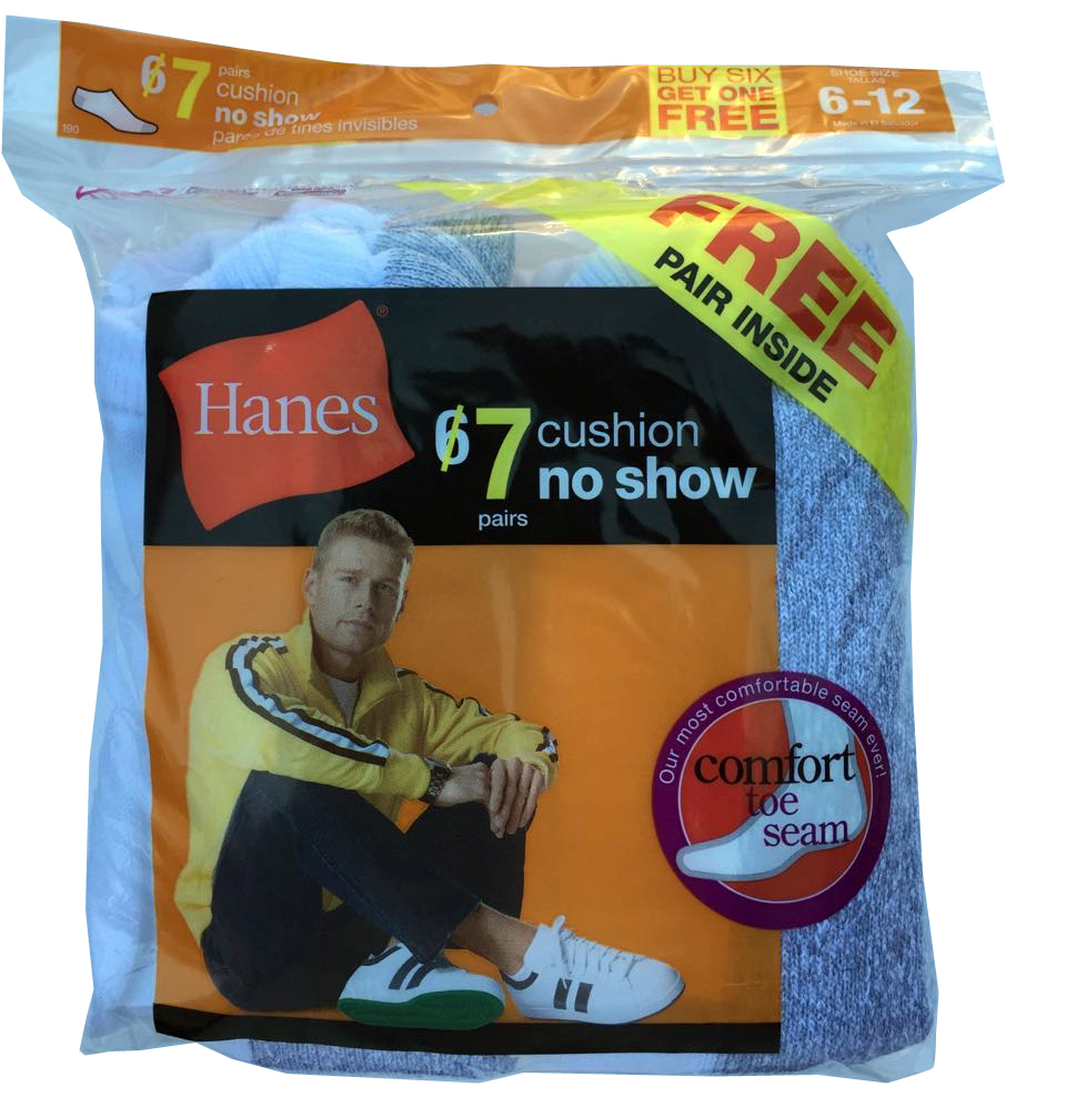 Hanes 7 paris Men's NOSHOW white socks fit shoe size 6-12 DOUBLE CUSHION BOTTOM
