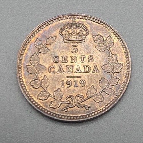 1919 Canada Silver 5 Cents George V High Grade AU About Uncirculated