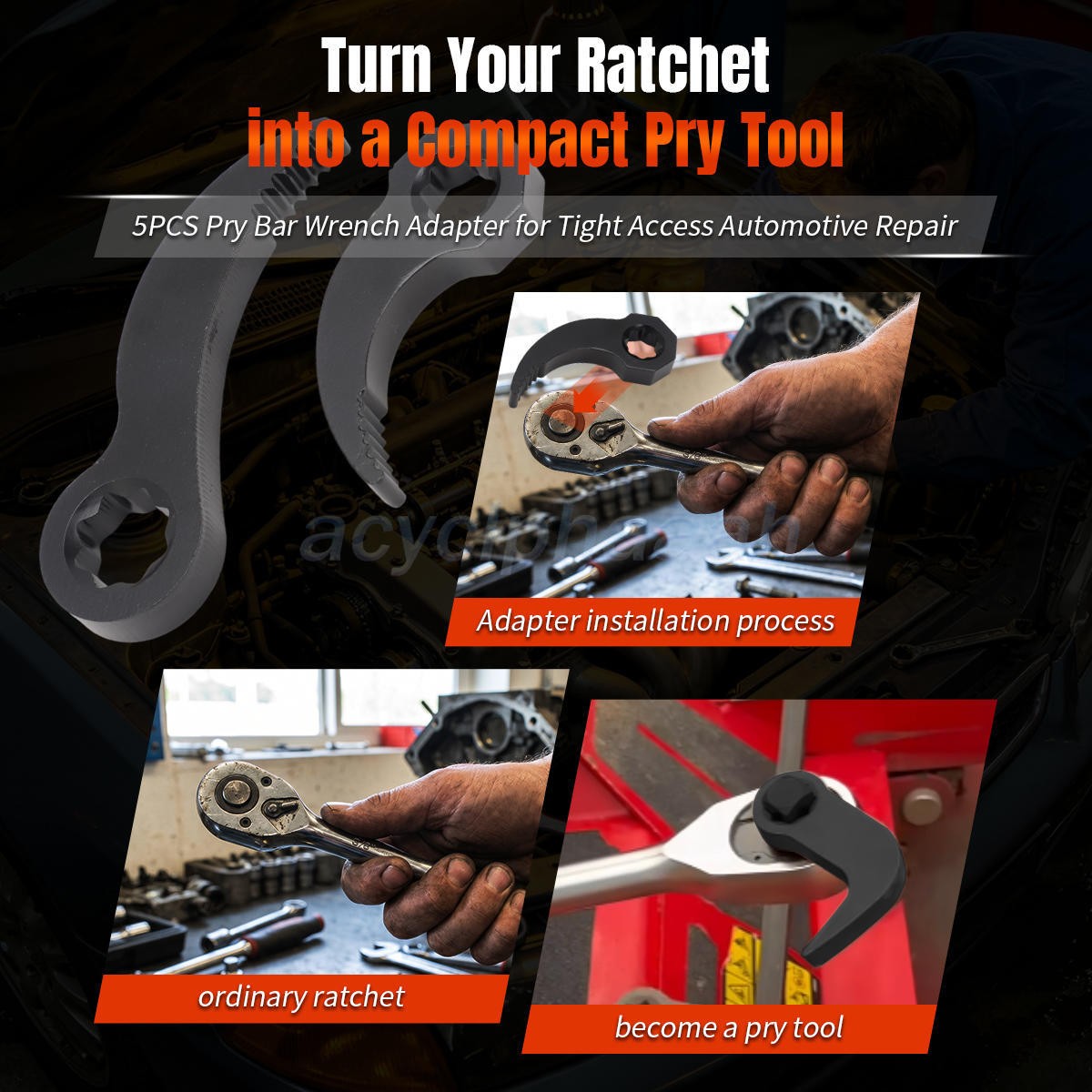 Mechanic Pry Bar Tool Set 5PCS Adjustable Angle Adapter For 1/4 3/8 1/2 Ratchets