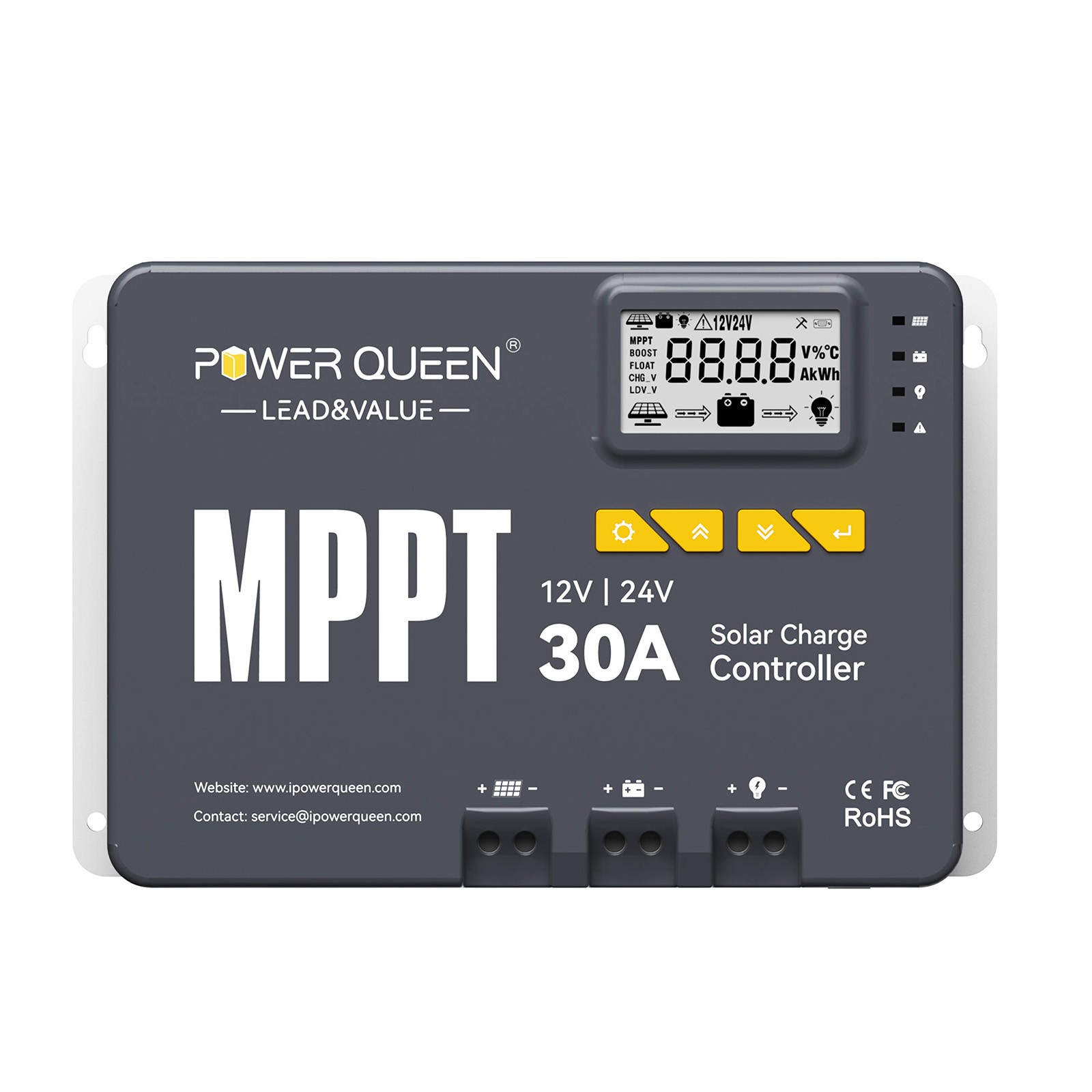 Power Queen 12V 24V 30A MPPT Smart Solar Charge Controller Regulator Bluetooth