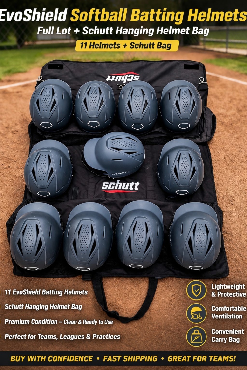 Evoshield Softball Batting Helmets Lot (11) with Schutt Helmet Bag, Exc Cond