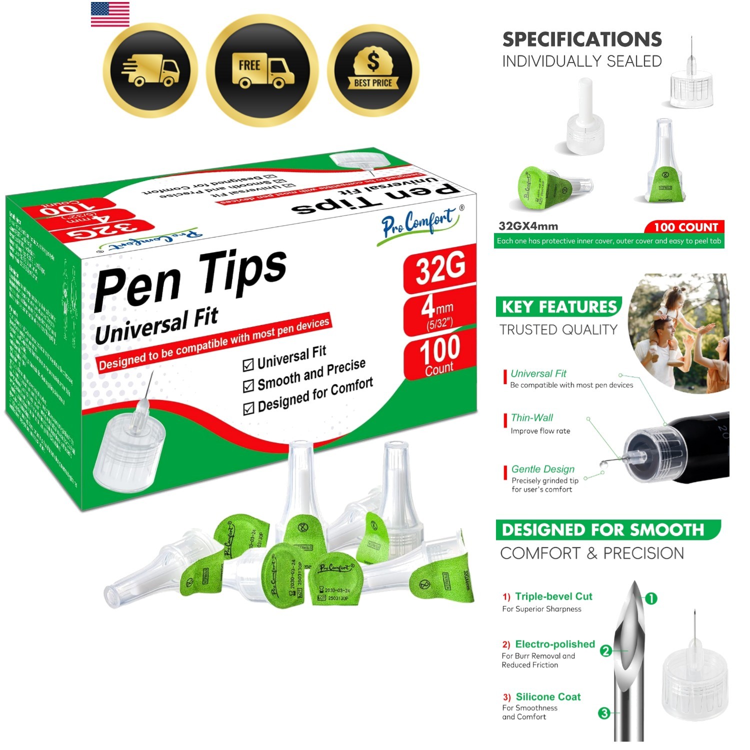 Universal Fit Pen Tip 32G x 4mm5/32" with a Wide Compatibility Thin-Wall Comf...