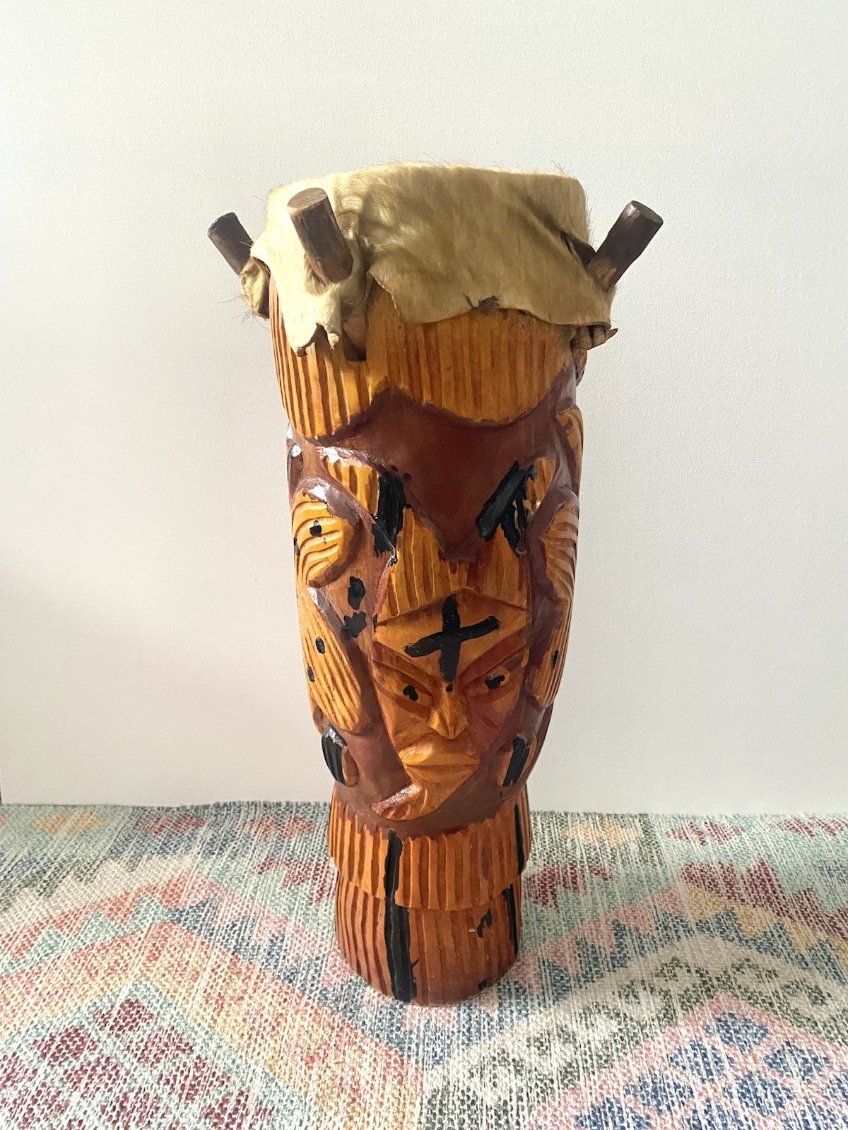 Hand Carved Kpanlogo Drum 23” African Folk Art Peg Drum Ghanaian Style