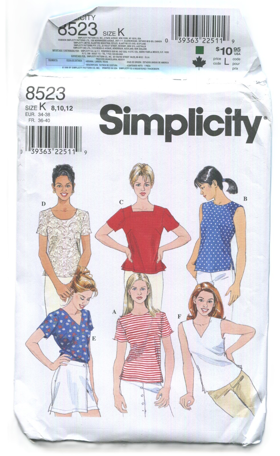 SIMPLICITY 8523 MISSES' Pullover Tops W/ Variations SZ 8-12 UNCUT 1998