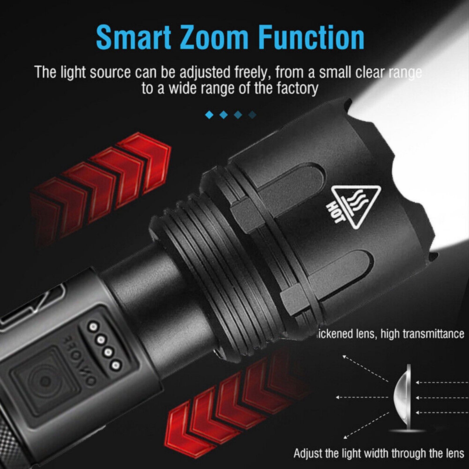 LED Flashlight 1000 lumens Super Bright Tactical Rechargeable Retractable Zoom