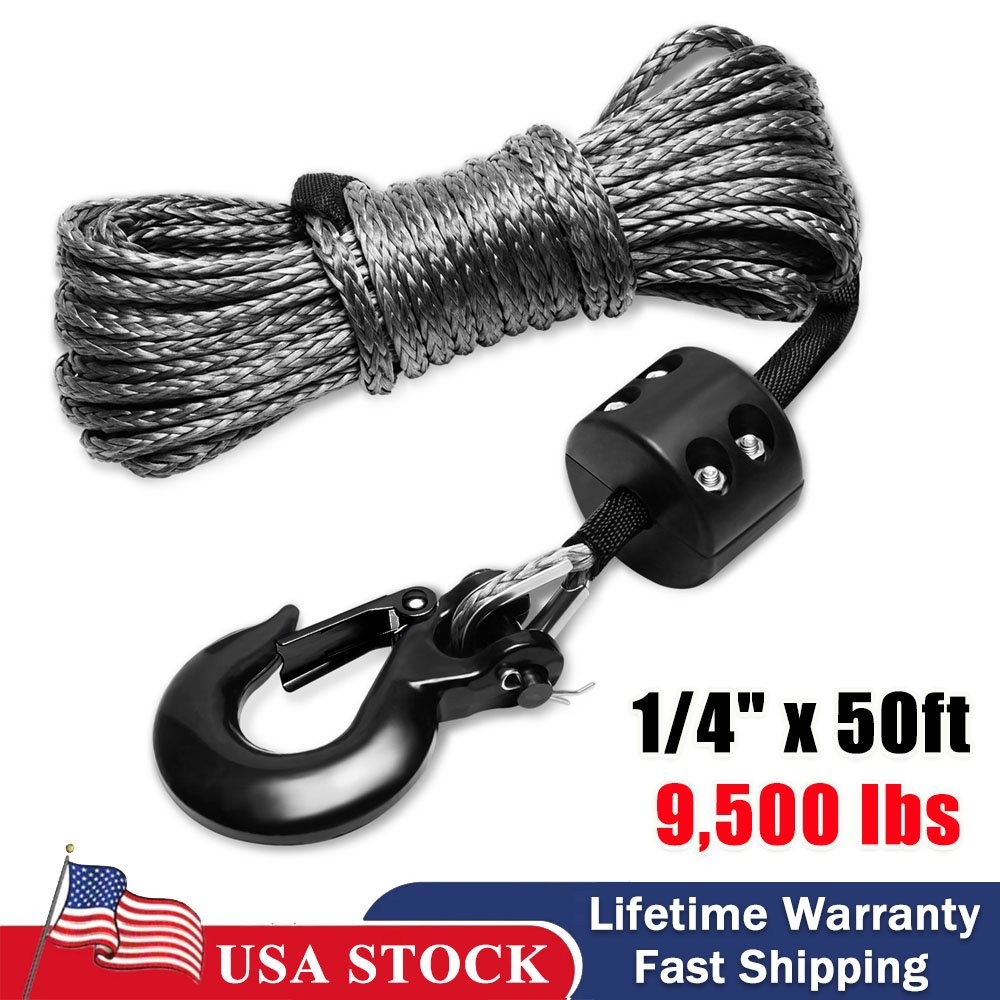 1/4" x 50' Synthetic Winch Line Cable Rope W/ Sleeve + Winch Hook For UTV ATV US