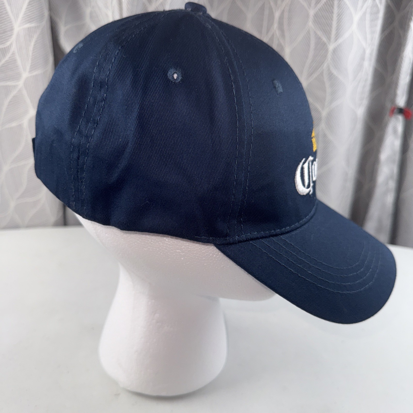 Corona in White Letters w Gold Crown on Navy Hat Cap Hook Loop