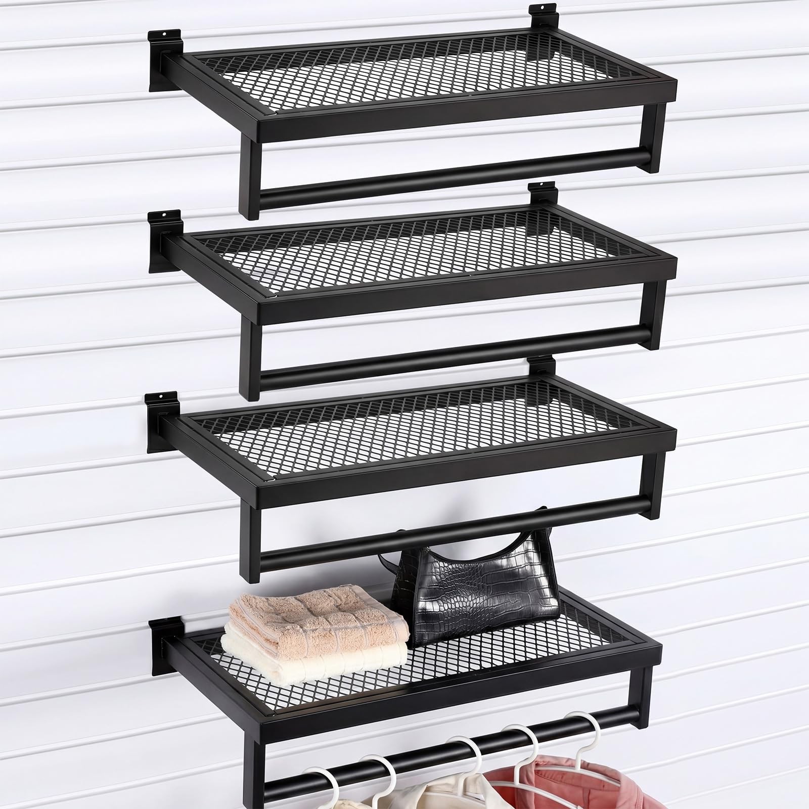 4 Pcs Black Slatwall Shelf Clothes Rack with Grid Shelf with Metal Mesh Recta...