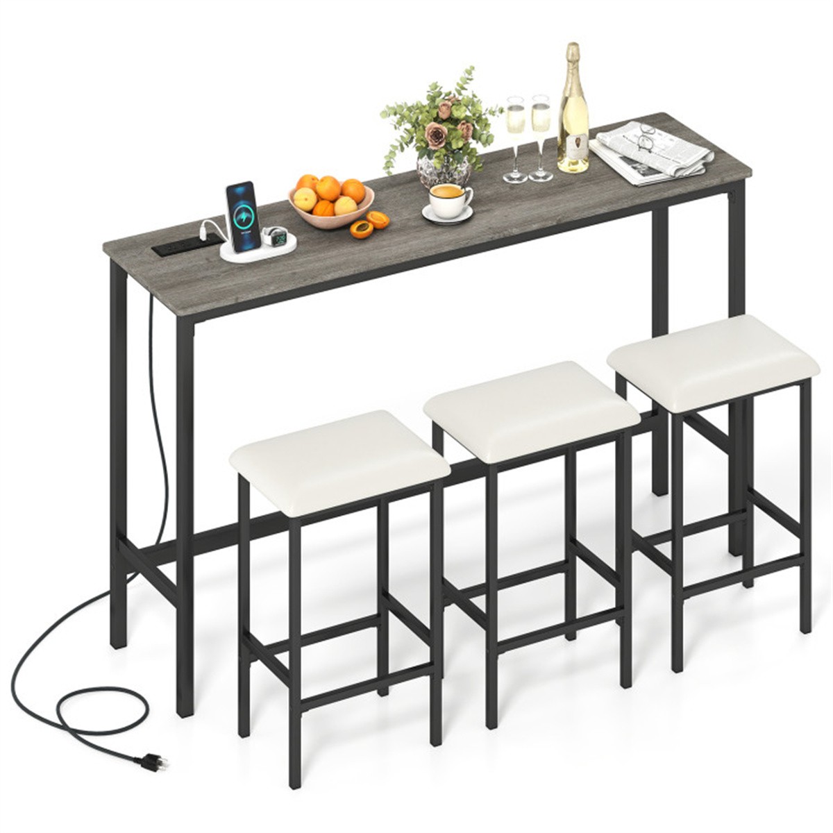 4 Piece Counter Height Bar Table Set with USB Ports Gray Pub Table with 3 Stools