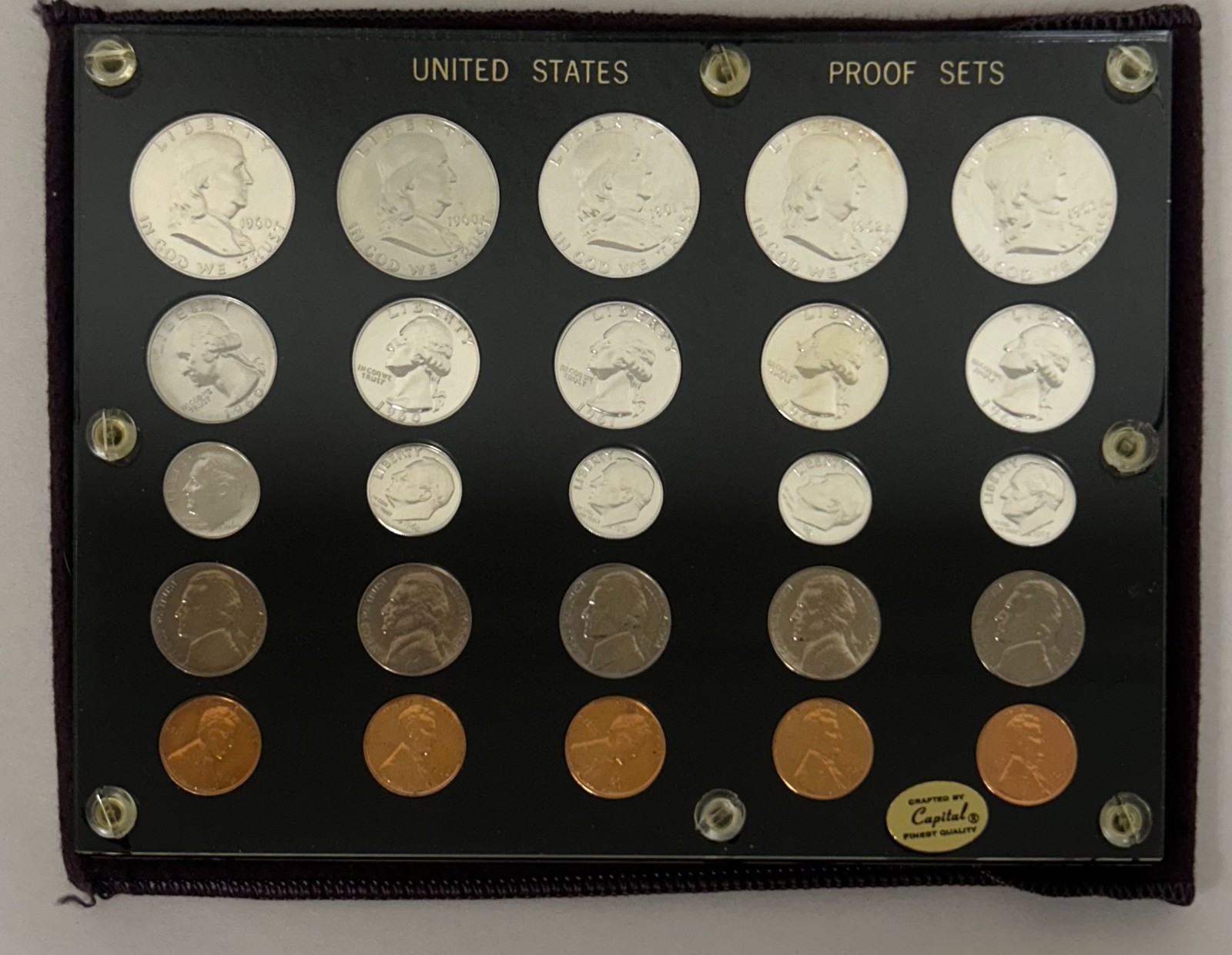 1960, 1961, 1962, 1963 Franklin proof sets in a Capital Holder